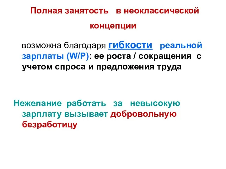 Полная занятость в неоклассической концепции возможна благодаря гибкости реальной зарплаты (W/Р):