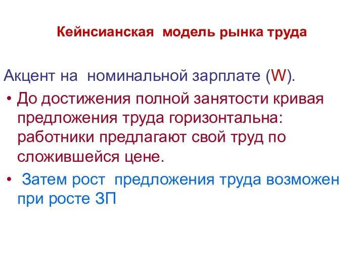 Кейнсианская модель рынка труда Акцент на номинальной зарплате (W). До достижения