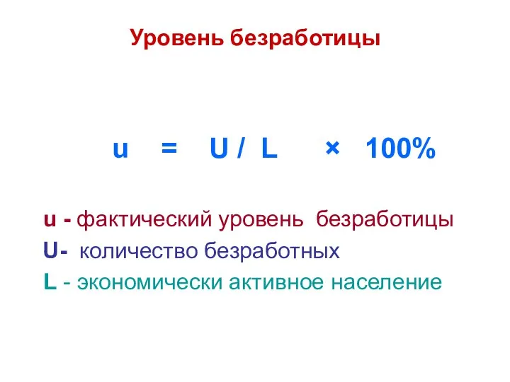 Уровень безработицы u = U / L × 100% u -