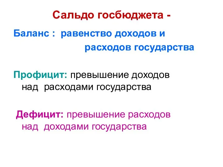 Сальдо госбюджета - Баланс : равенство доходов и расходов государства Профицит: