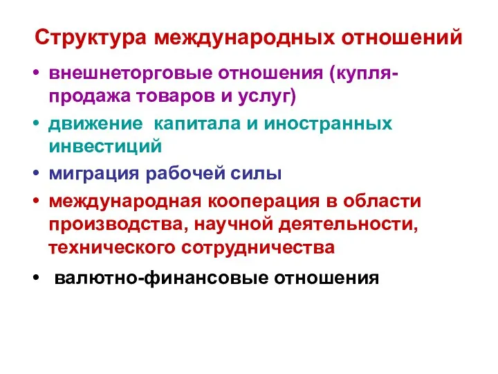 Структура международных отношений внешнеторговые отношения (купля-продажа товаров и услуг) движение капитала