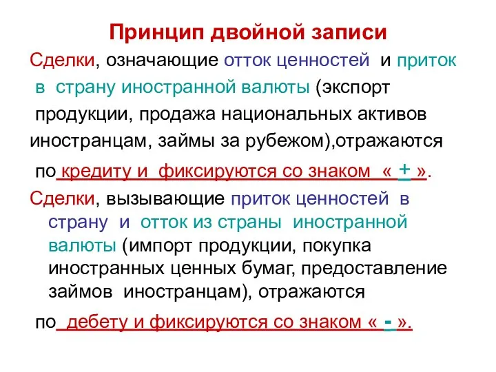 Принцип двойной записи Сделки, означающие отток ценностей и приток в страну