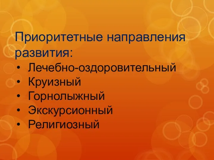 Приоритетные направления развития: Лечебно-оздоровительный Круизный Горнолыжный Экскурсионный Религиозный