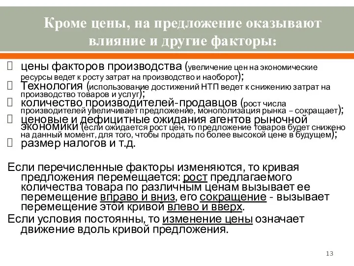 Кроме цены, на предложение оказывают влияние и другие факторы: цены факторов