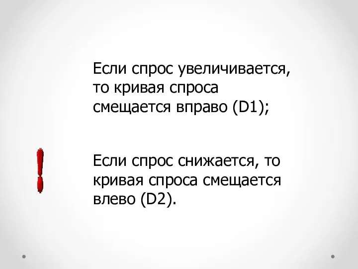 Если спрос увеличивается, то кривая спроса смещается вправо (D1); Если спрос