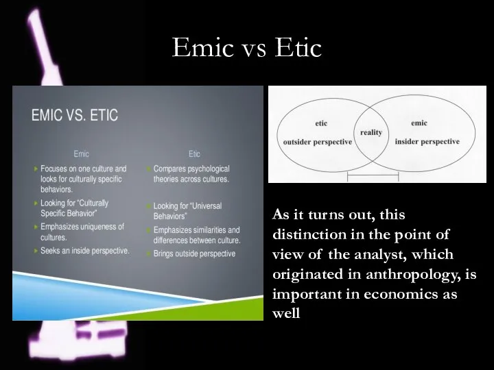 Emic vs Etic As it turns out, this distinction in the