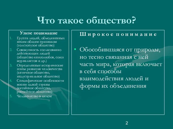 Что такое общество? Узкое понимание Группа людей, объединенных неким общим признаком