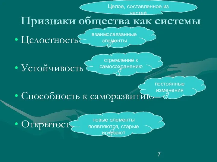 Признаки общества как системы Целостность Устойчивость Способность к саморазвитию Открытость взаимосвязанные