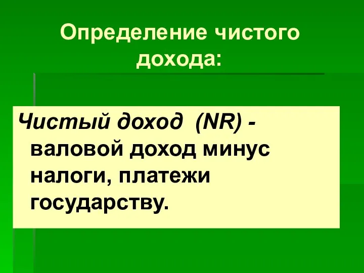 Определение чистого дохода: Чистый доход (NR) - валовой доход минус налоги, платежи государству.