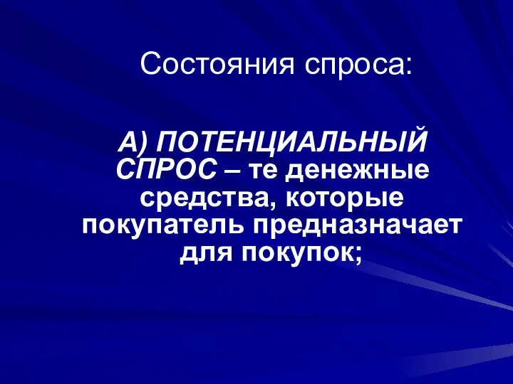 Состояния спроса: А) ПОТЕНЦИАЛЬНЫЙ СПРОС – те денежные средства, которые покупатель предназначает для покупок;