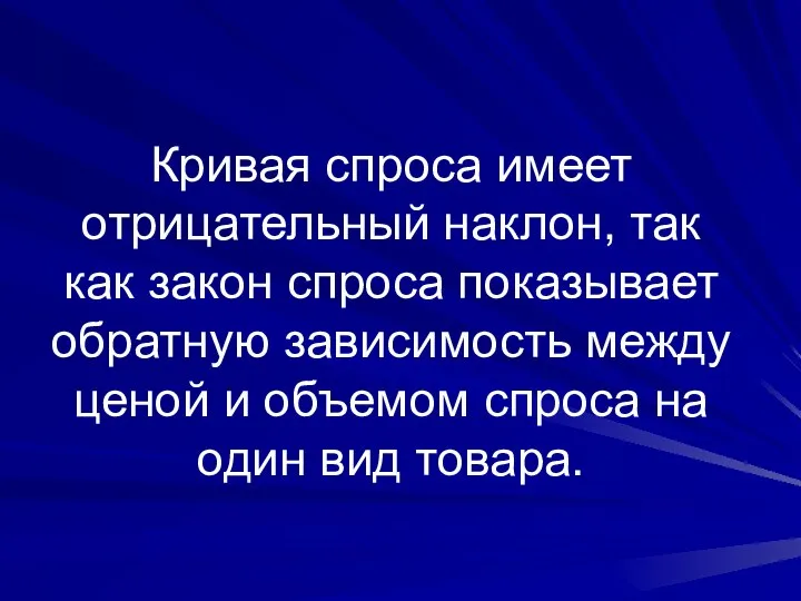 Кривая спроса имеет отрицательный наклон, так как закон спроса показывает обратную