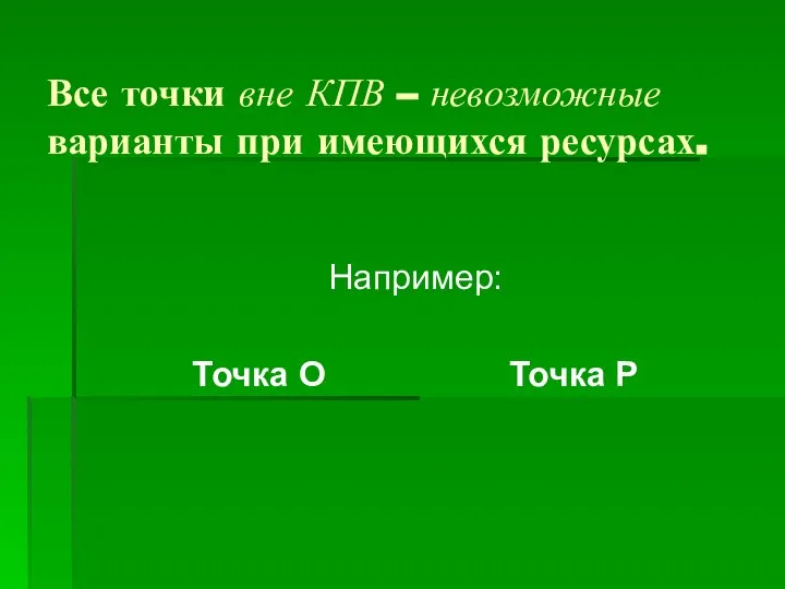 Все точки вне КПВ – невозможные варианты при имеющихся ресурсах. Например: Точка О Точка Р