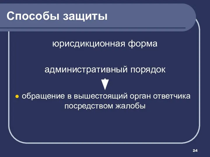 Способы защиты юрисдикционная форма административный порядок обращение в вышестоящий орган ответчика посредством жалобы