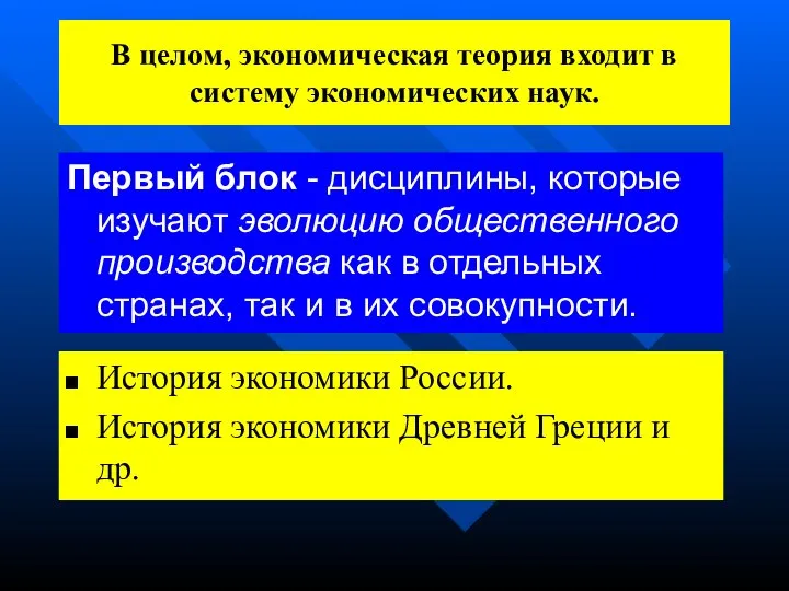 В целом, экономическая теория входит в систему экономических наук. Первый блок