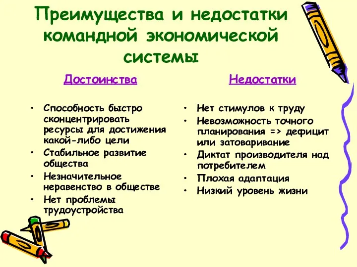 Преимущества и недостатки командной экономической системы Достоинства Способность быстро сконцентрировать ресурсы