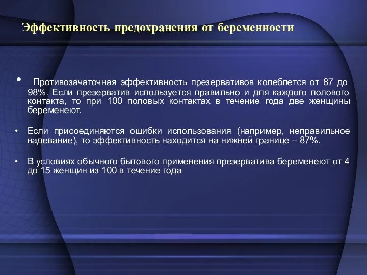 Эффективность предохранения от беременности Противозачаточная эффективность презервативов колеблется от 87 до