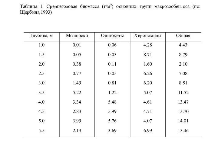 Таблица 1. Среднегодовая биомасса (г/м2) основных групп макрозообентоса (по:Щербина,1993)