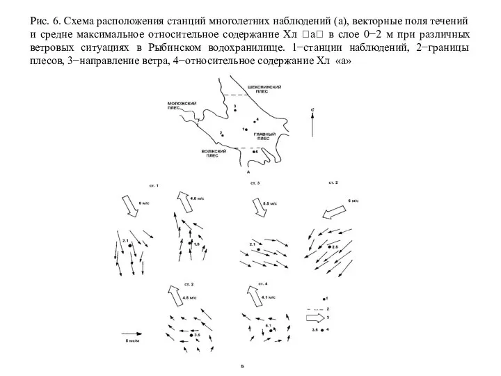 Рис. 6. Схема расположения станций многолетних наблюдений (а), векторные поля течений