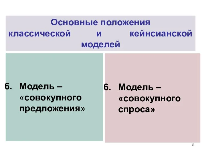 Модель – «совокупного предложения» Модель – «совокупного спроса» Основные положения классической и кейнсианской моделей