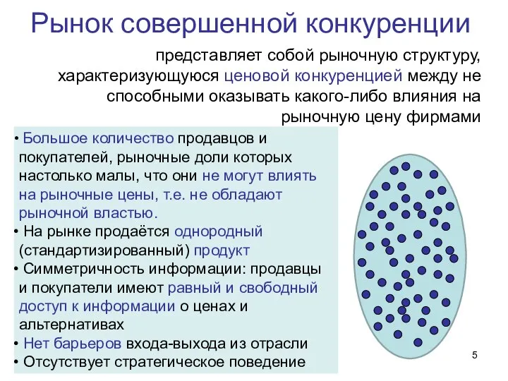 Рынок совершенной конкуренции представляет собой рыночную структуру, характеризующуюся ценовой конкуренцией между