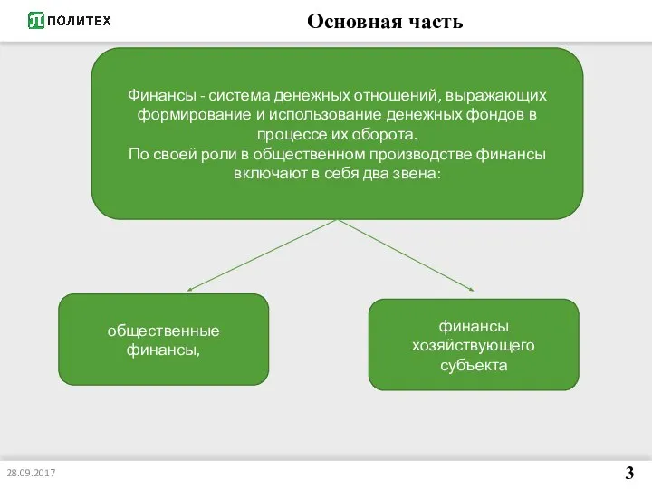 Основная часть 28.09.2017 3 Финансы - система денежных отношений, выражающих формирование