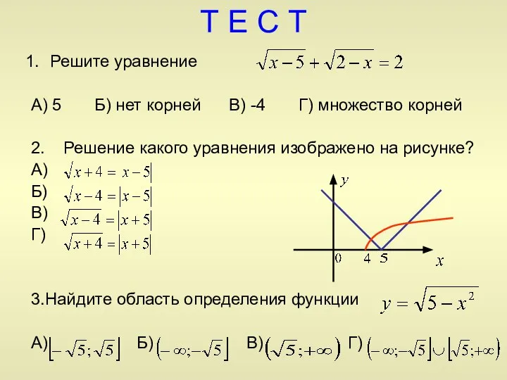 Т Е С Т Решите уравнение А) 5 Б) нет корней