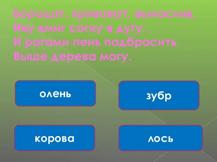 Бородат, кривоват, вынослив, Иву вмиг согну в дугу. И рогами пень