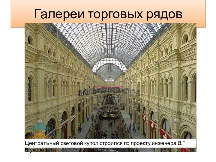 Галереи торговых рядов Центральный световой купол строился по проекту инженера В.Г.Шухова
