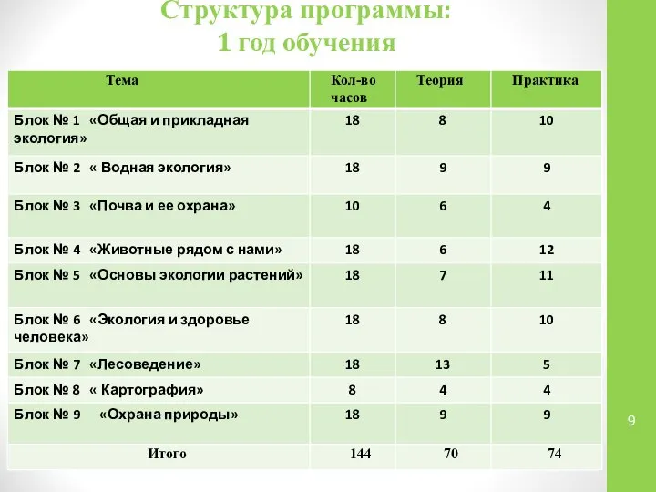 Структура программы: 1 год обучения