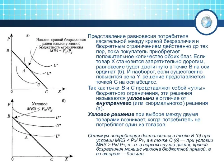 Представление равновесия потребителя касательной между кривой безразличия и бюджетным ограничением действенно