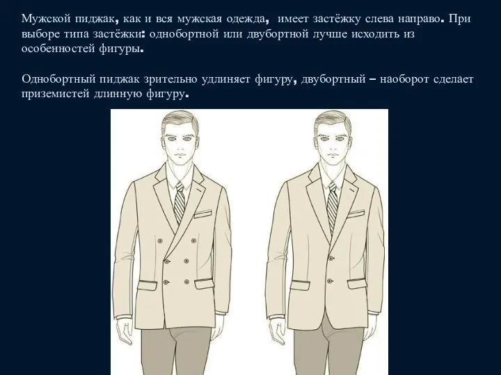 Мужской пиджак, как и вся мужская одежда, имеет застёжку слева направо.