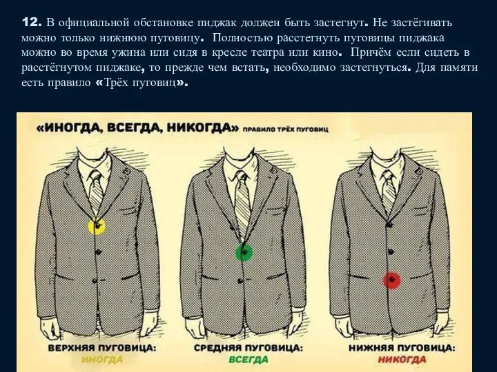 12. В официальной обстановке пиджак должен быть застегнут. Не застёгивать можно