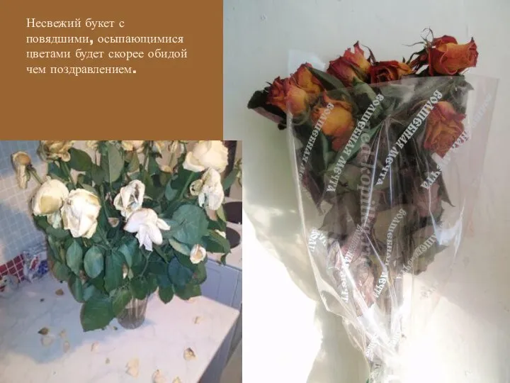 Несвежий букет с повядшими, осыпающимися цветами будет скорее обидой чем поздравлением.