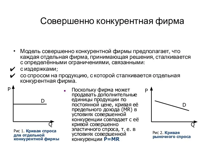 Совершенно конкурентная фирма Модель совершенно конкурентной фирмы предполагает, что каждая отдельная