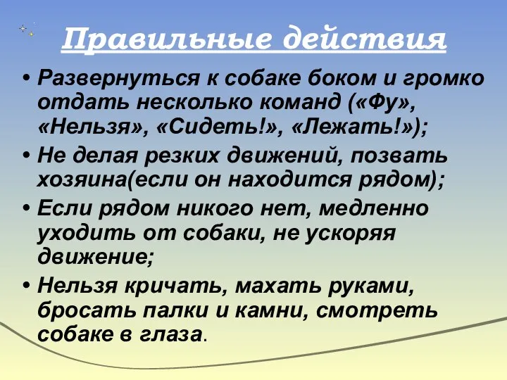 Правильные действия Развернуться к собаке боком и громко отдать несколько команд