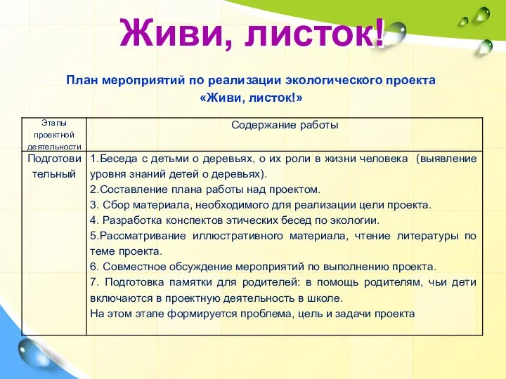 Живи, листок! План мероприятий по реализации экологического проекта «Живи, листок!»