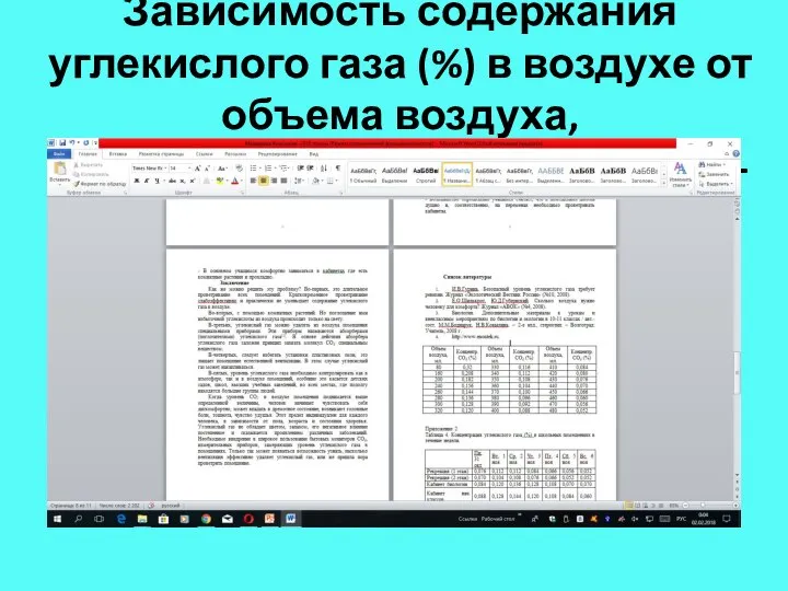 Зависимость содержания углекислого газа (%) в воздухе от объема воздуха, обесцвечивающего 20 мл 0,005%-ного раствора соды.