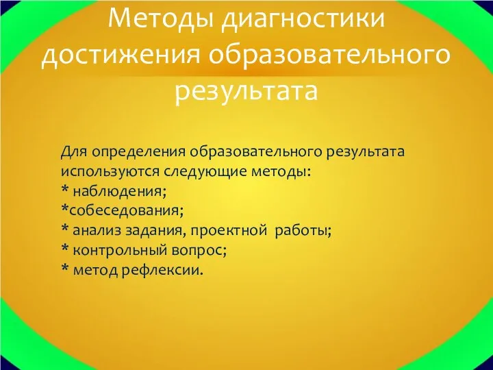 Для определения образовательного результата используются следующие методы: * наблюдения; *собеседования; *