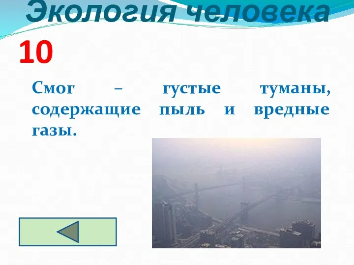 Экология человека 10 Смог – густые туманы, содержащие пыль и вредные газы.