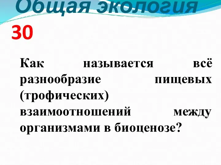 Общая экология 30 Как называется всё разнообразие пищевых (трофических) взаимоотношений между организмами в биоценозе?