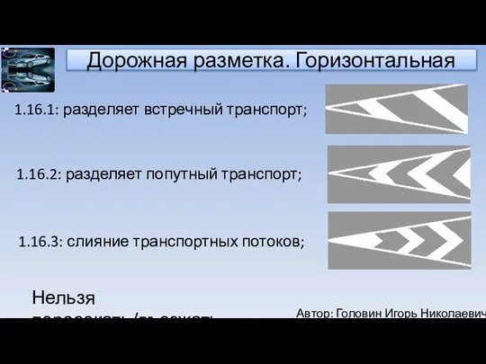 Автор: Головин Игорь Николаевич Дорожная разметка. Горизонтальная 1.16.1: разделяет встречный транспорт;