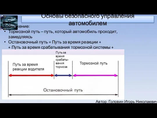 Автор: Головин Игорь Николаевич Основы безопасного управления автомобилем Торможение: Тормозной путь