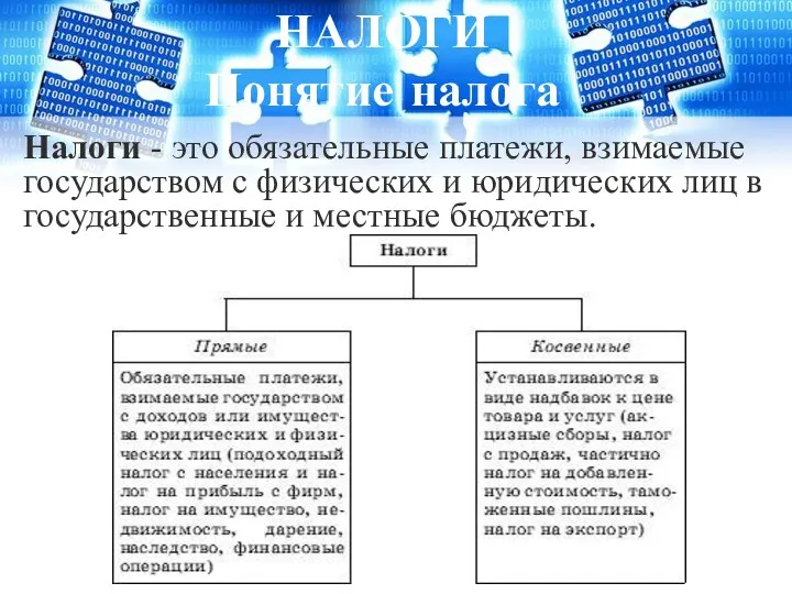 НАЛОГИ Понятие налога Налоги - это обязательные платежи, взимаемые государством с