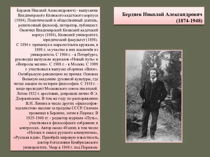 Бердяев Николай Александрович (1874-1948) Бердяев Николай Александрович) - выпускник Владимирского Киевского