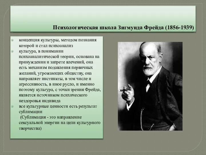 Психологическая школа Зигмунда Фрейда (1856-1939) концепция культуры, методом познания которой и