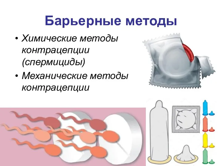 Барьерные методы Химические методы контрацепции (спермициды) Механические методы контрацепции