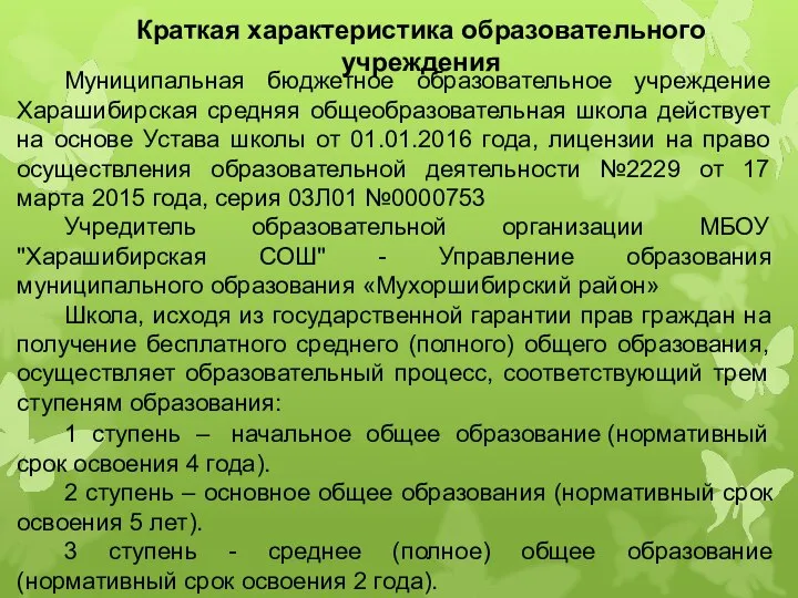 Краткая характеристика образовательного учреждения Муниципальная бюджетное образовательное учреждение Харашибирская средняя общеобразовательная