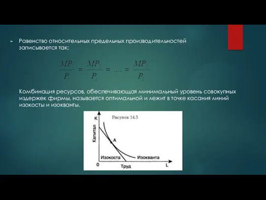 Равенство относительных предельных производительностей записывается так: Комбинация ресурсов, обеспечивающая минимальный уровень