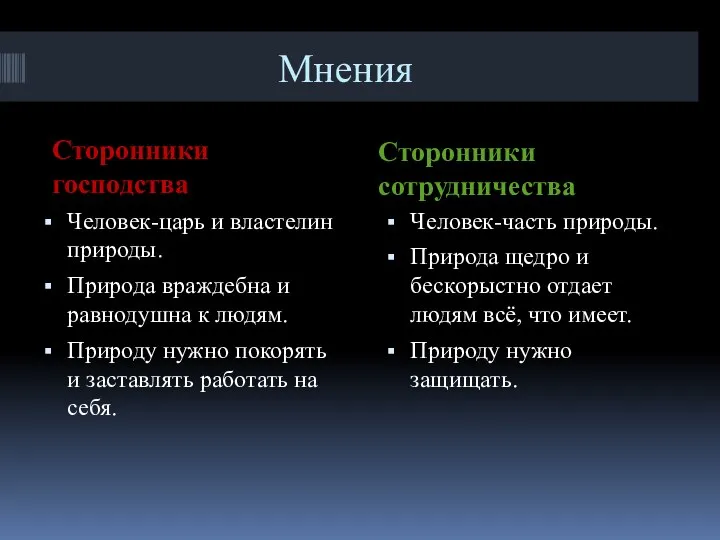 Мнения Сторонники господства Сторонники сотрудничества Человек-часть природы. Природа щедро и бескорыстно