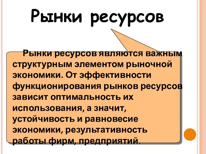 Рынки ресурсов Рынки ресурсов являются важным структурным элементом рыночной экономики. От